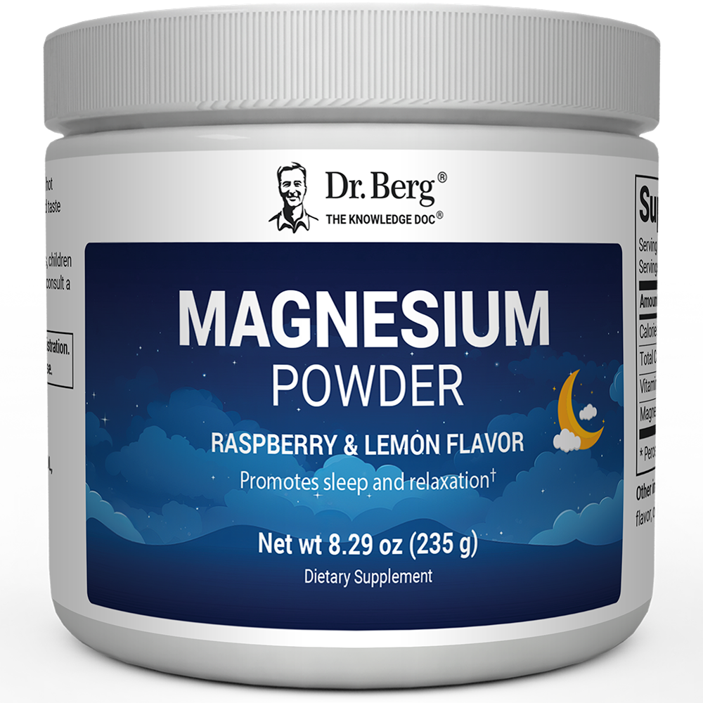 Magnesium Powder, Raspberry and Lemon flavor, 50 servings, 8.29 ounces, front view, bottle with Dr. Berg branding and night sky design on the label.