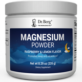 Magnesium Powder, Raspberry and Lemon flavor, 50 servings, 8.29 ounces, front view, bottle with Dr. Berg branding and night sky design on the label.