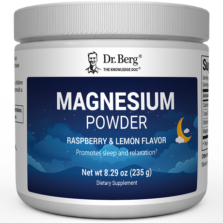 Magnesium Powder, Raspberry and Lemon flavor, 50 servings, 8.29 ounces, front view, bottle with Dr. Berg branding and night sky design on the label.