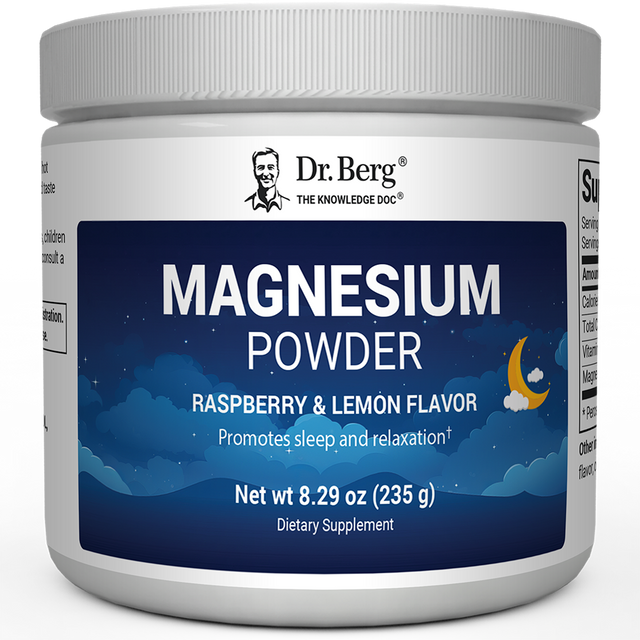 Magnesium Powder, Raspberry and Lemon flavor, 50 servings, 8.29 ounces, front view, bottle with Dr. Berg branding and night sky design on the label.