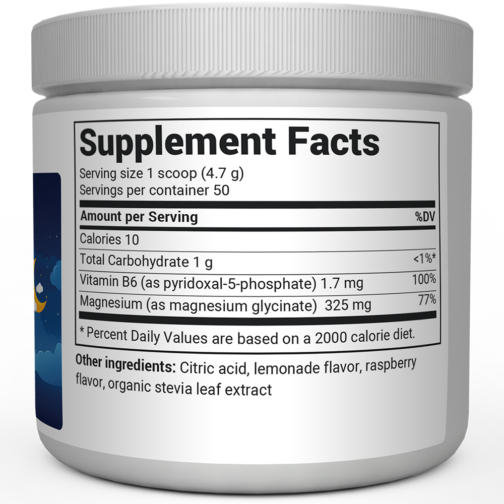 Magnesium Powder bottle label, right side view, supplement facts. 