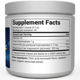 Magnesium Powder bottle label, right side view, supplement facts. 