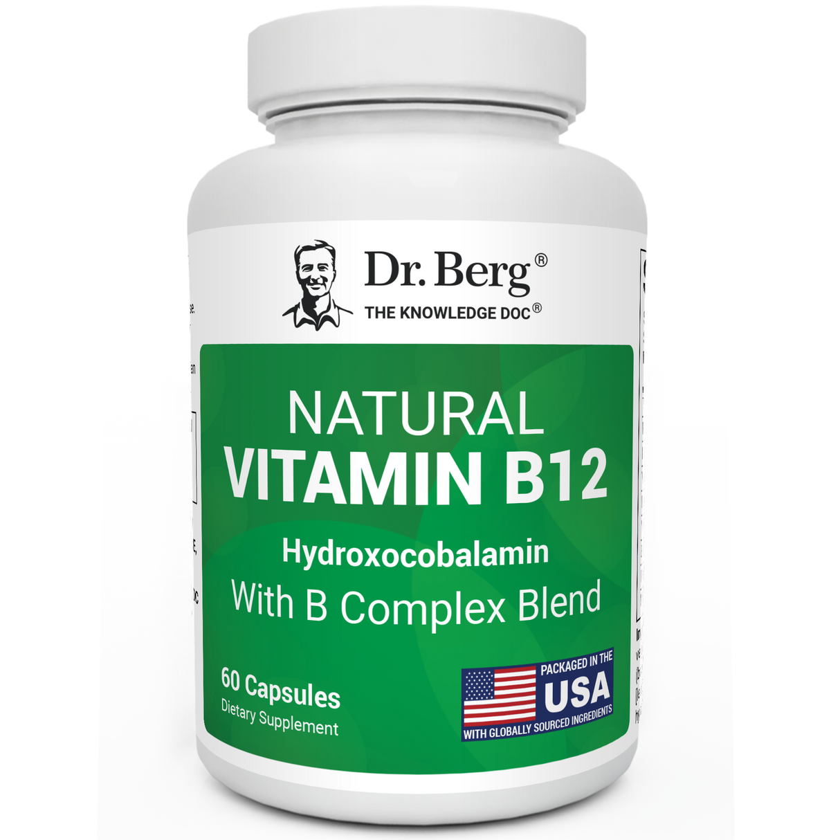 Natural Vitamin B12 Hydroxocobalamin with B-Complex Blend, 60-capsule bottle, front view with Dr. Berg branding, packaged in the United States.