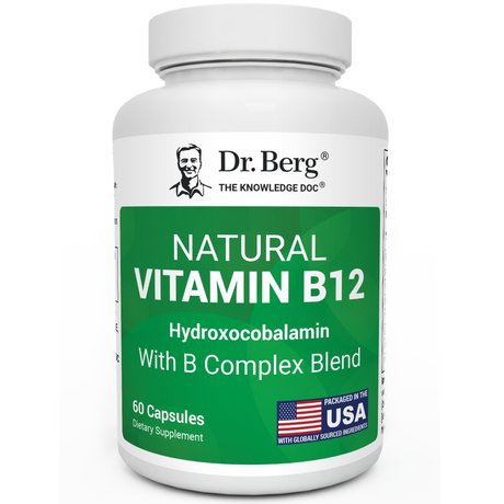 Natural Vitamin B12 Hydroxocobalamin with B-Complex Blend, 60-capsule bottle, front view with Dr. Berg branding, packaged in the United States.