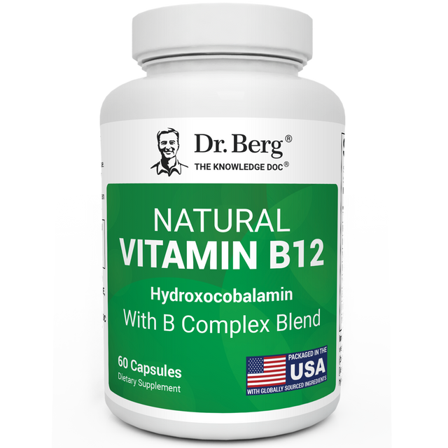 Natural Vitamin B12 Hydroxocobalamin with B-Complex Blend, 60-capsule bottle, front view with Dr. Berg branding, packaged in the United States.