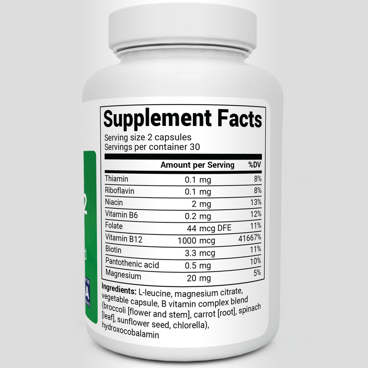 Natural Vitamin B12 bottle label, right side view, supplement facts panel.