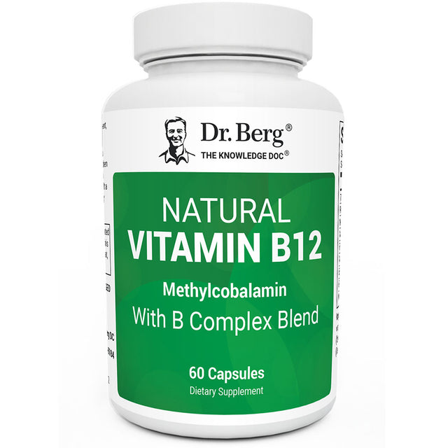 Natural Vitamin B12, Methylcobalamin with B Complex Blend, 60 capsules, front view, bottle with Dr. Berg branding on the label. 