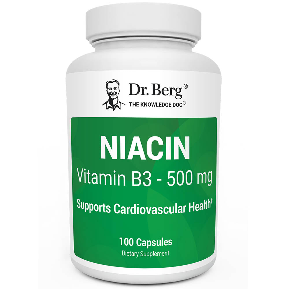 Niacin, 500 mg Vitamin B3, 100 capsules, front view, bottle with Dr. Berg branding on the label. 