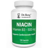 Niacin, 500 mg Vitamin B3, 100 capsules, front view, bottle with Dr. Berg branding on the label. 