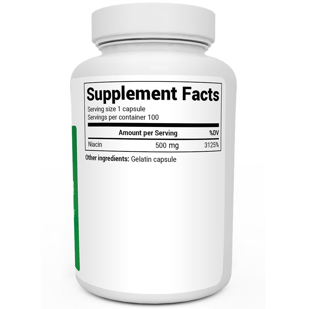 Niacin bottle label, right side view, supplement facts. 