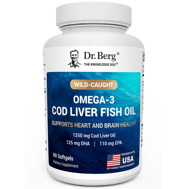 Wild-Caught Omega-3 Cod Liver Fish Oil, 60 softgels, front view, Dr. Berg branding, packaged in the U.S.A.