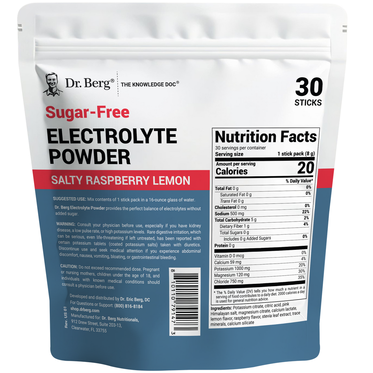 Sugar-Free Electrolyte Powder Salty Raspberry Lemon, back view of label showing nutrition facts, suggested use instructions, and safety warnings.