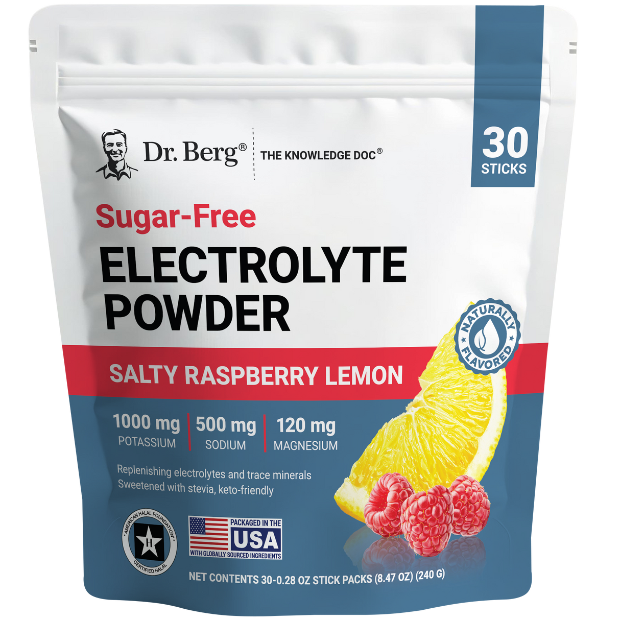 Sugar-Free Electrolyte Powder Salty Raspberry Lemon, 30 stick packs, front view of bag, Dr. Berg branding.