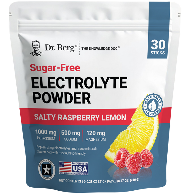 Sugar-Free Electrolyte Powder Salty Raspberry Lemon, 30 stick packs, front view of bag, Dr. Berg branding.