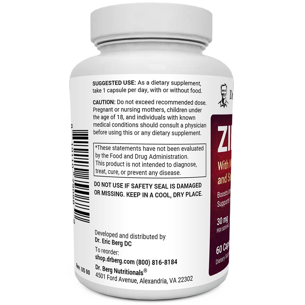 Zinc bottle label, left side view, suggested use instructions, safety warning details.