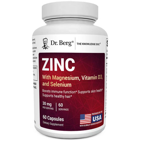 Zinc with Magnesium, Vitamin D3, and Selenium, 60 capsules, front view, Dr. Berg branding, packaged in the USA.