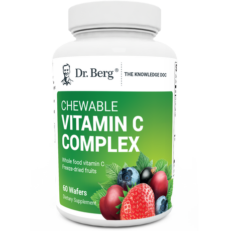 Chewable Vitamin C Complex, no added sugar, 60 wafers, front view, bottle with Dr. Berg branding and mixed berries on the cover.