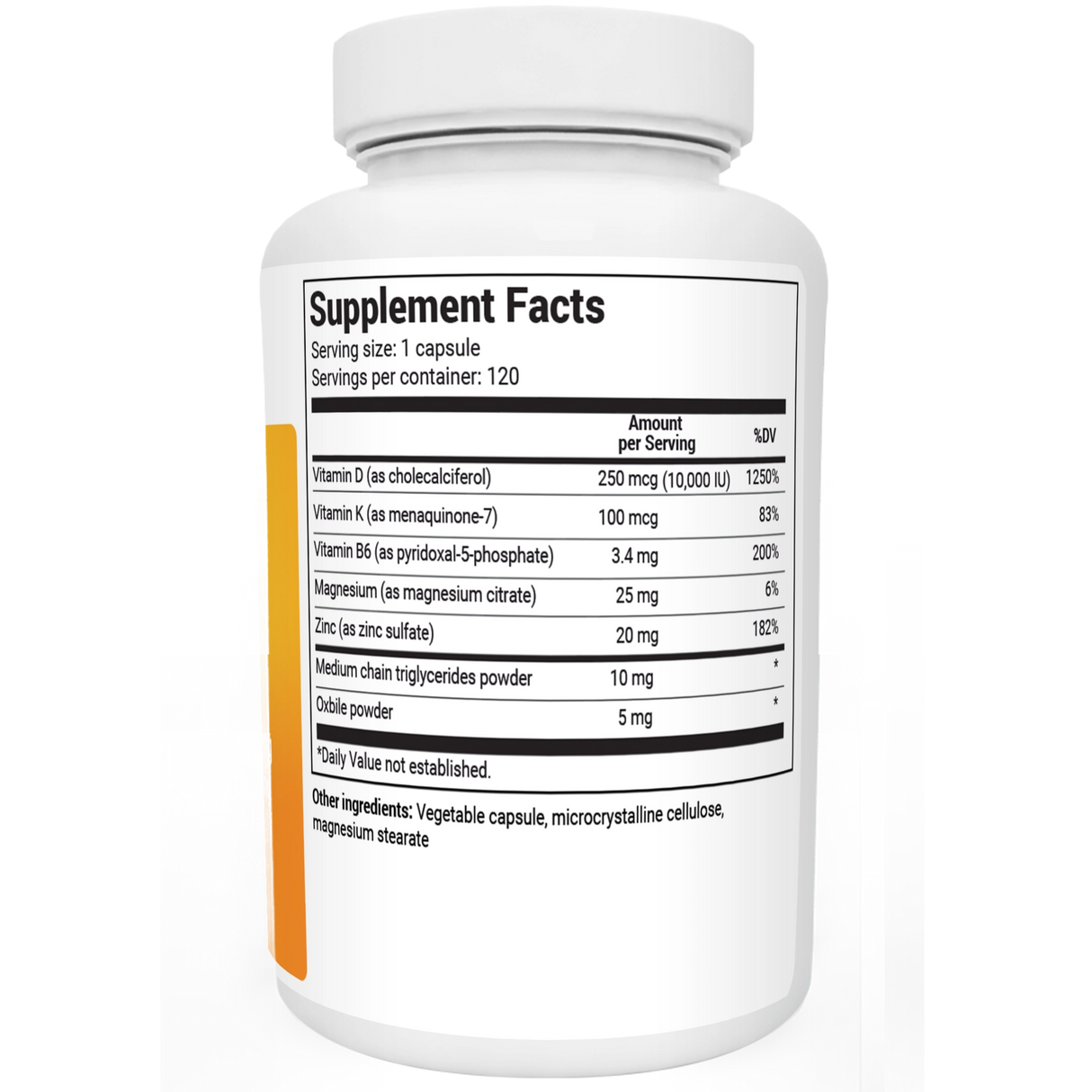 D3 and K2 Vitamin 10,000 IU bottle label, right side view, supplement facts. 