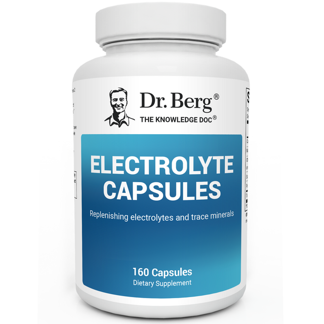 Electrolyte Capsules, 160 capsules, front view, bottle with Dr. Berg branding.