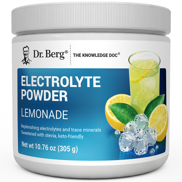 Electrolyte Powder, Lemonade Flavor, 50 Servings, 10.76 ounces, front view, bottle with Dr. Berg branding and a glass of lemonade on the cover.