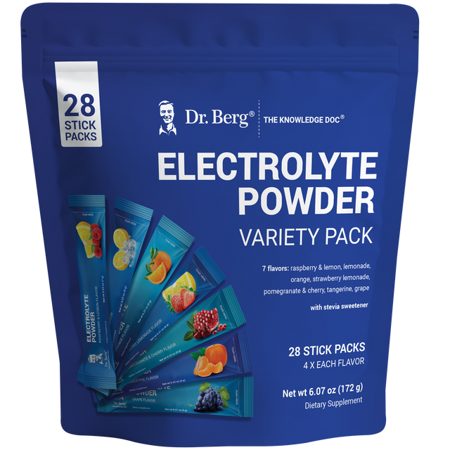 Electrolyte Powder Variety Pack, 28 sticks, front view of bag with Dr. Berg branding and 7 flavor packs on the cover.