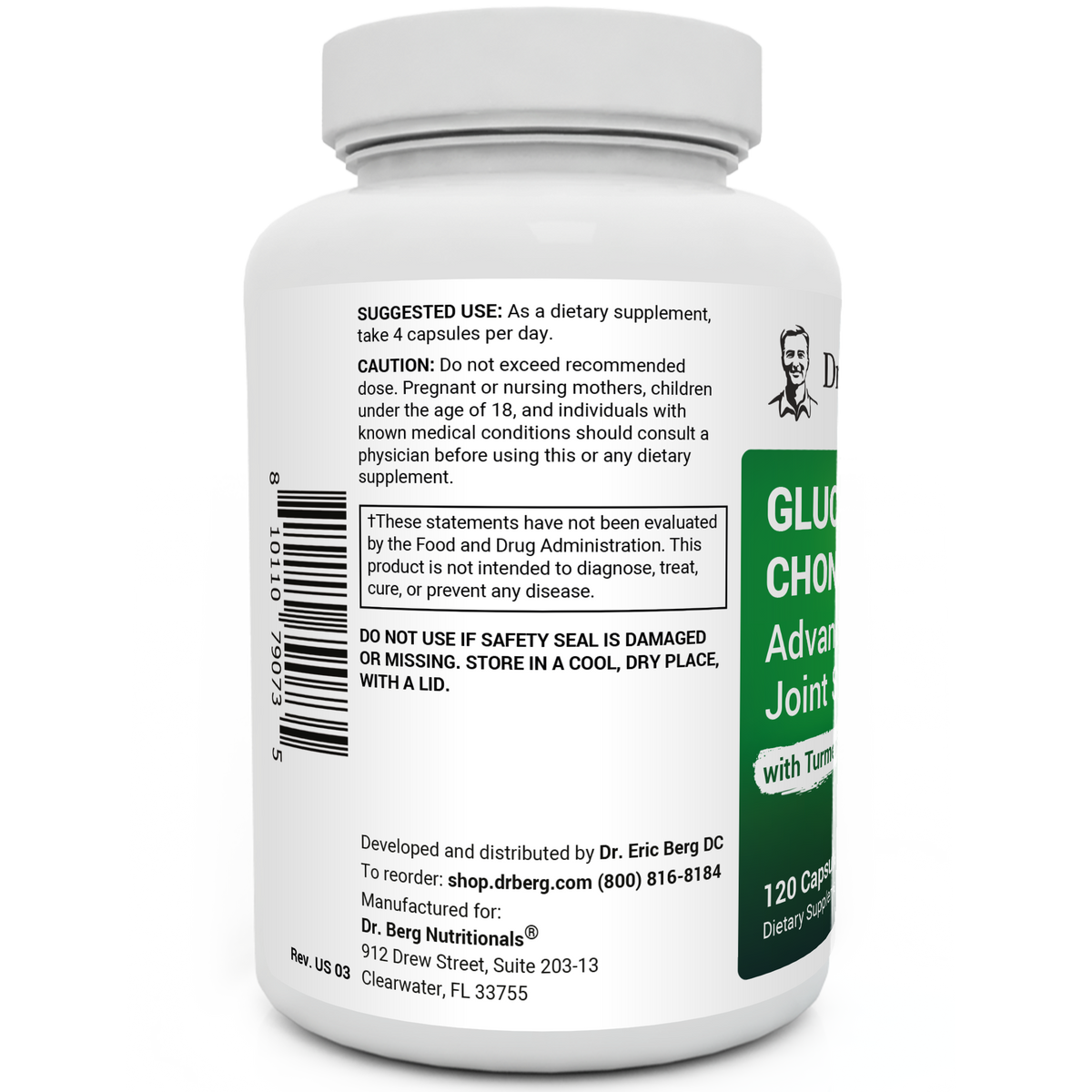 Glucosamine Chondroitin Advanced Joint Support bottle label, left side view, suggested use instructions, safety warning details.