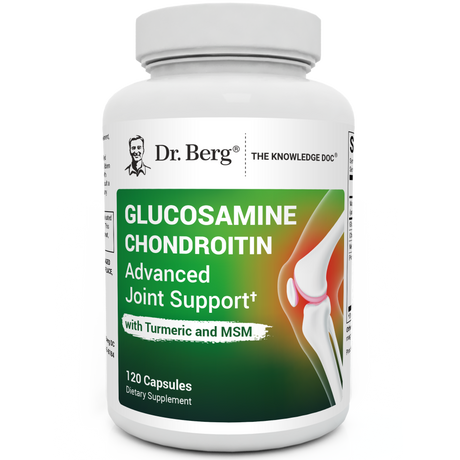 Glucosamine Chondroitin Advanced Joint Support with Turmeric and MSM, 120 capsules, front view, bottle with Dr. Berg branding and knee joint on the cover.
