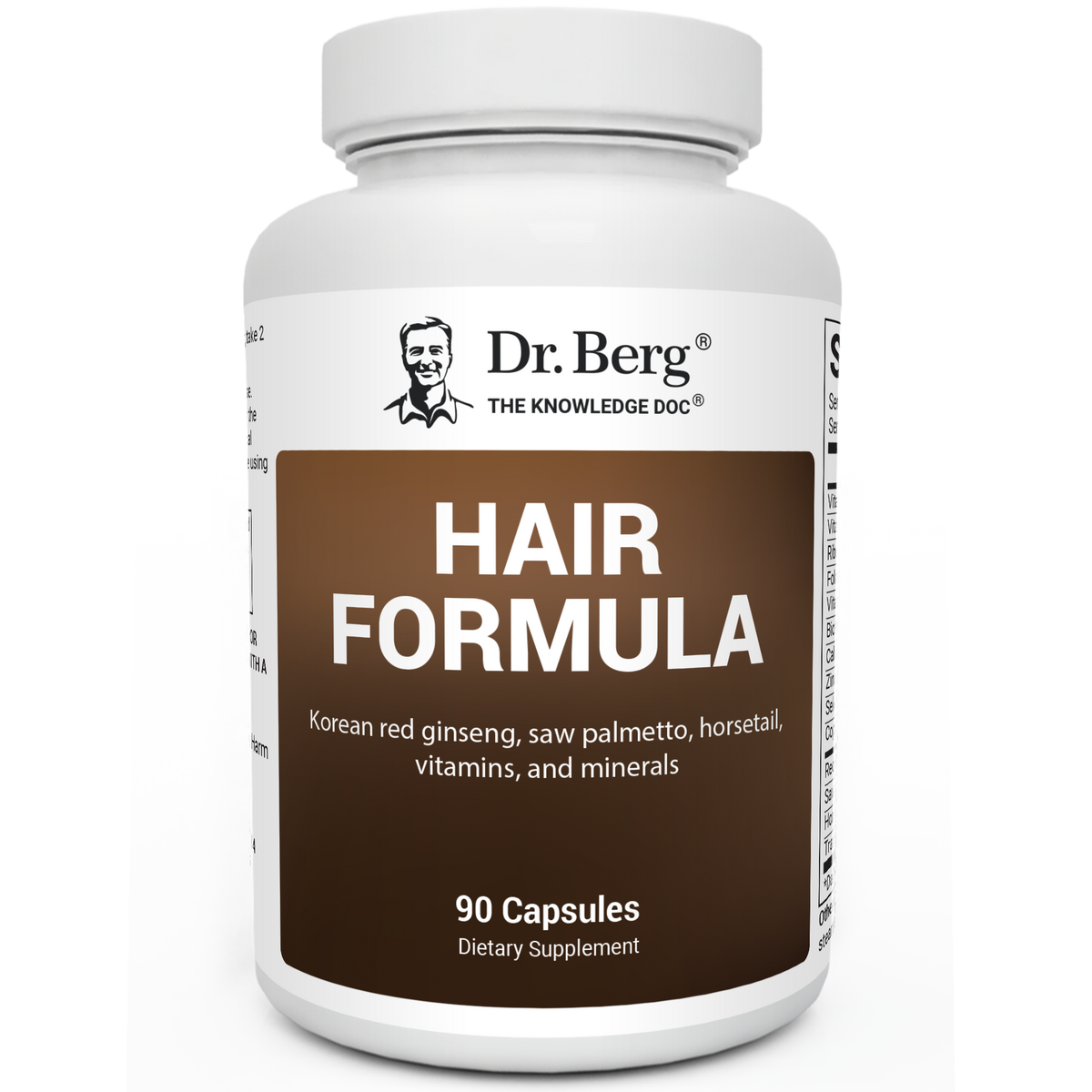 Hair Formula containing Korean red ginseng, saw palmetto, horsetail, vitamins, and minerals, 90 capsules, front view, bottle with Dr. Berg branding.