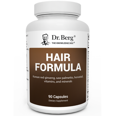Hair Formula containing Korean red ginseng, saw palmetto, horsetail, vitamins, and minerals, 90 capsules, front view, bottle with Dr. Berg branding.