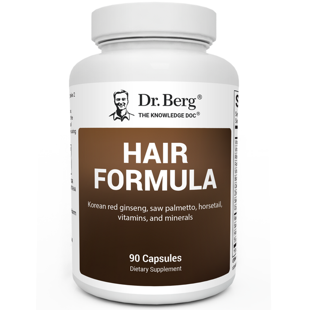 Hair Formula containing Korean red ginseng, saw palmetto, horsetail, vitamins, and minerals, 90 capsules, front view, bottle with Dr. Berg branding.
