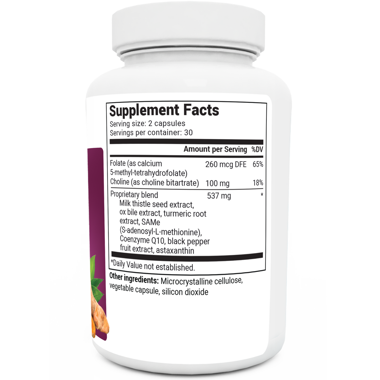 Liver Cleanse Detox Support bottle label, right side view, supplement facts. 