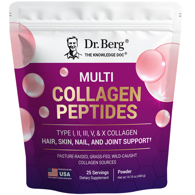 Multi Collagen Peptides, Type I, II, III, V, and X Collagen,  25 Servings, Powder, front view, Dr. Berg branding, packaged in the U.S.A.