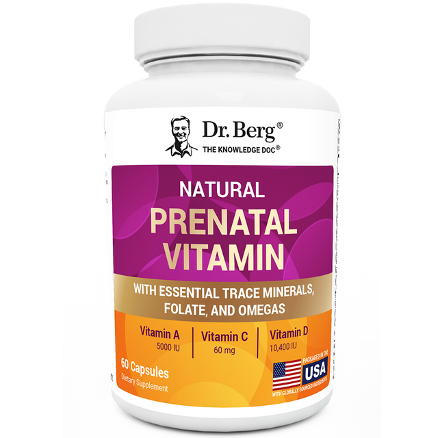 Natural Prenatal Vitamin, 60 capsules, front view, bottle with Dr. Berg branding visible and labeled as packaged in the U.S.A.