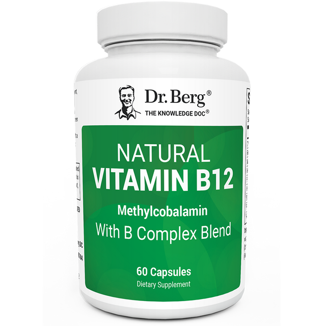 Natural Vitamin B12, Methylcobalamin with B Complex Blend, 60 capsules, front view, bottle with Dr. Berg branding on the label. 
