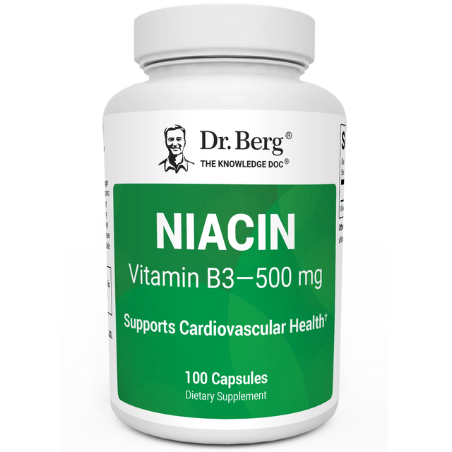 Niacin, 500 mg Vitamin B3, 100 capsules, front view, bottle with Dr. Berg branding on the label. 