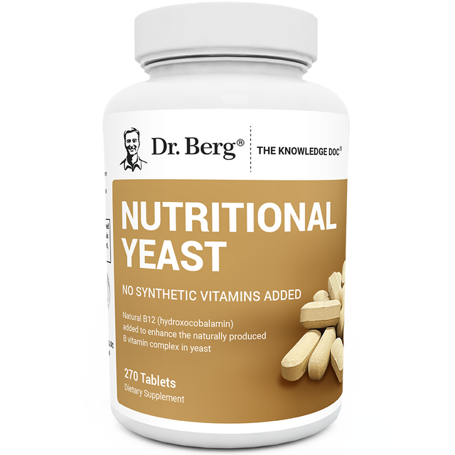 Nutritional Yeast Tablets, 270 Tablets, no synthetic vitamins added, front view, bottle with Dr. Berg branding.