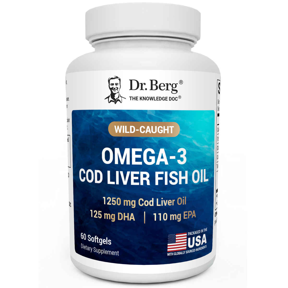 Wild-Caught Omega-3 Cod Liver Fish Oil, 60 softgels, front view, Dr. Berg branding, packaged in the U.S.A.