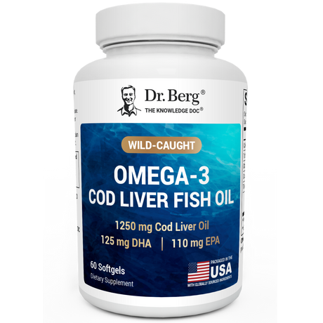 Wild-Caught Omega-3 Cod Liver Fish Oil, 60 softgels, front view, Dr. Berg branding, packaged in the U.S.A.