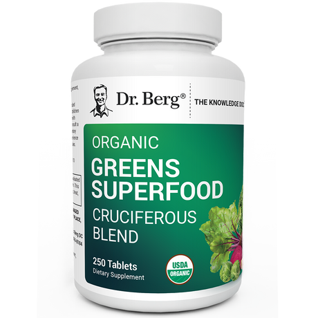 Organic Greens Superfood Cruciferous Blend, 250 tablets, front view, bottle with Dr. Berg branding and vegetables on the cover.