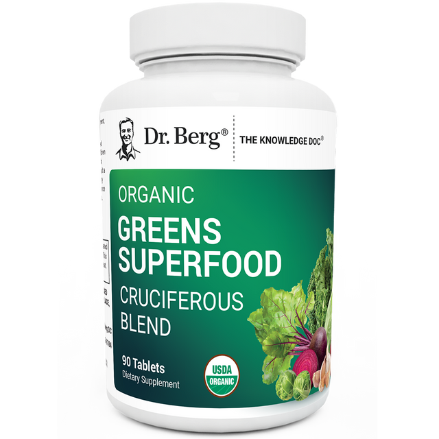 Organic Greens Superfood Cruciferous Blend, 90 tablets, front view, bottle with Dr. Berg branding and vegetables on the cover.