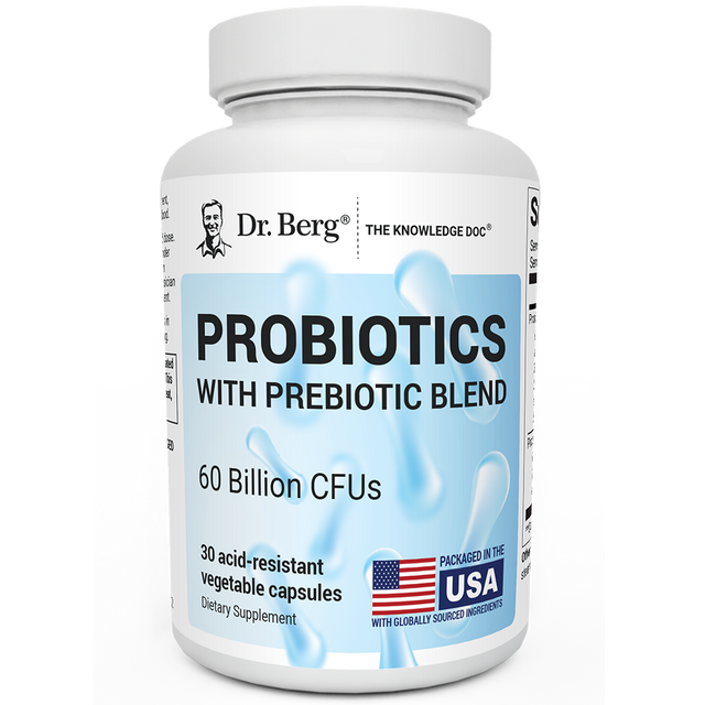 Probiotics with Prebiotic Blend, 60 billion CFUs,  30 acid-resistant vegetable capsules, front view, bottle with Dr. Berg branding.