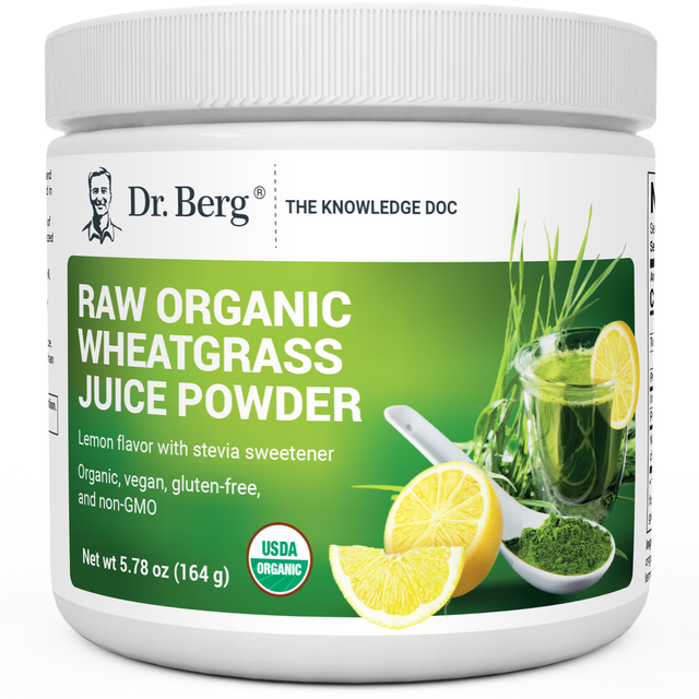 Raw Organic Wheatgrass Juice Powder Lemon Flavor, 5.78 ounces, front view, bottle with Dr. Berg branding and sliced of lemon on cover.
