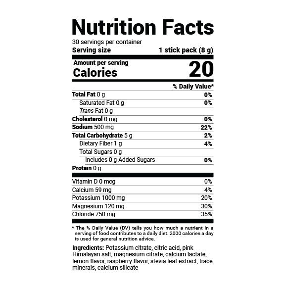 Electrolyte Powder Salty Raspberry Lemon Nutrition Facts Panel