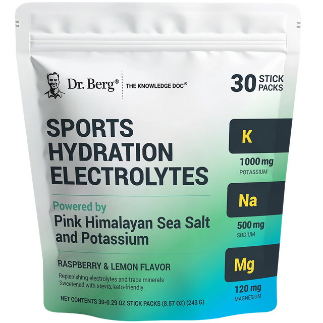 Sports Hydration Electrolytes, Raspberry and Lemon Flavor, 30 stick packs, front view of bag, Dr. Berg branding.