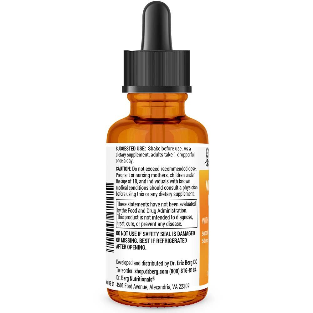 Vitamin D3 and K2 bottle label, left side view, suggested use instructions, safety warning details. 