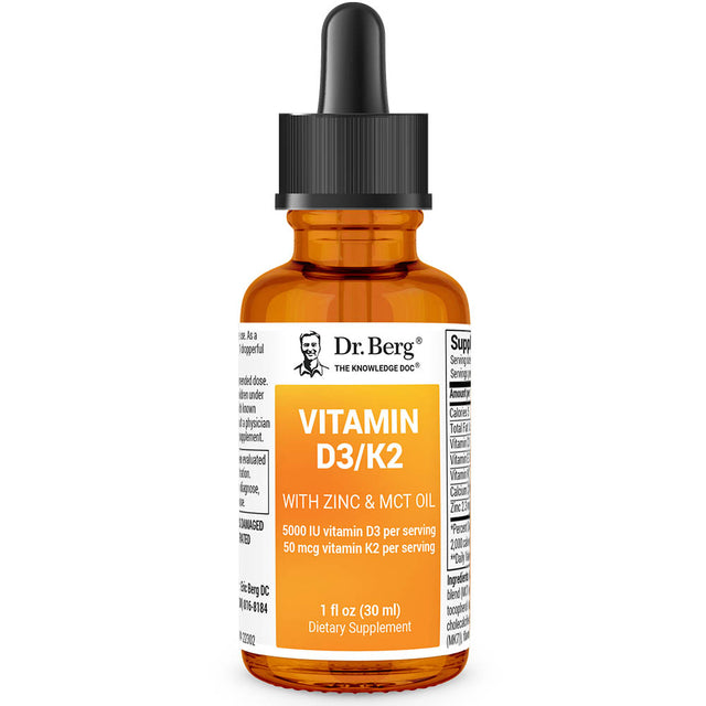 Vitamin D3 and K2 with Zinc and MCT Oil, 1 fluid ounce, front view, glass bottle with dropper, Dr. Berg branding.