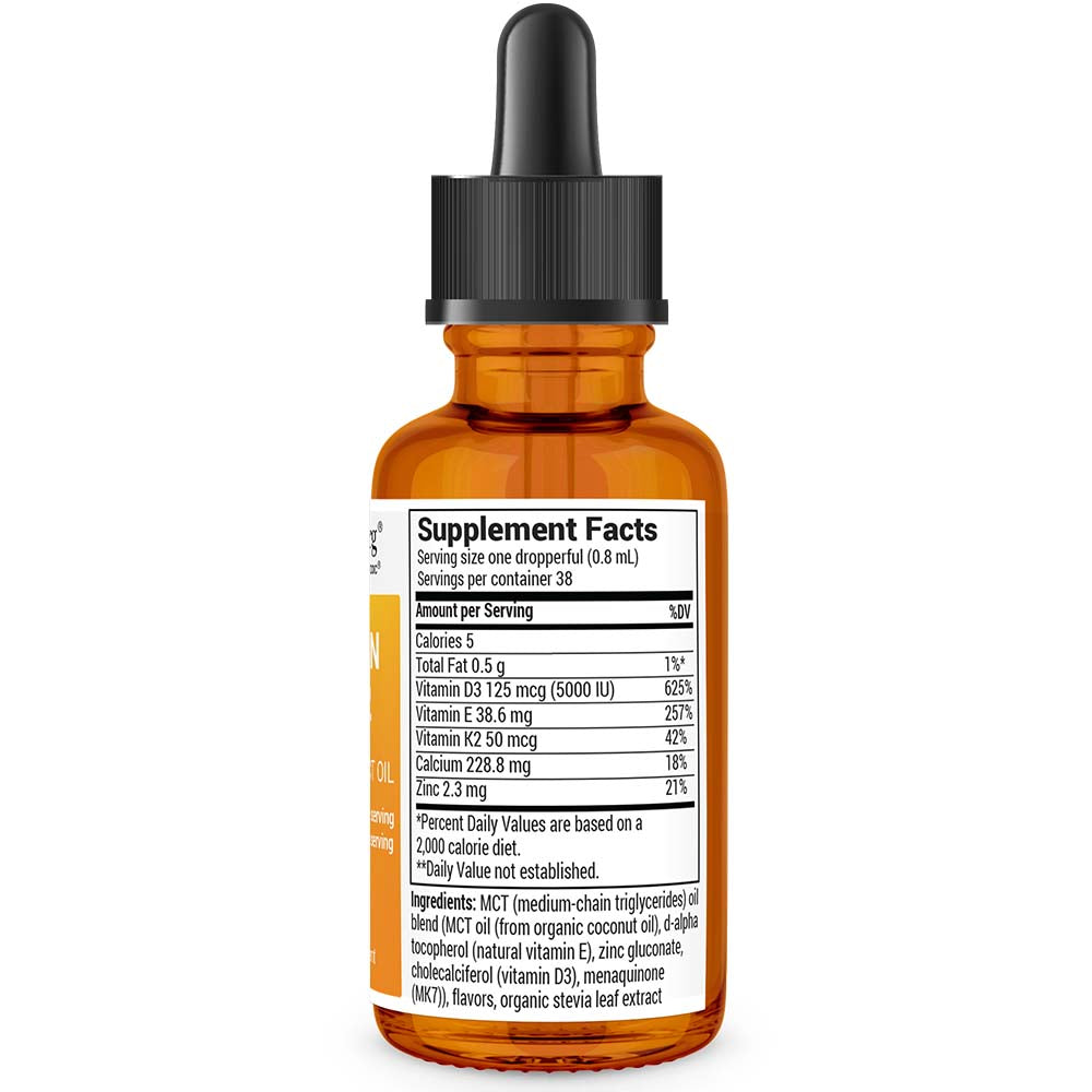 Vitamin D3 and K2 bottle label, right side view, supplement facts. 