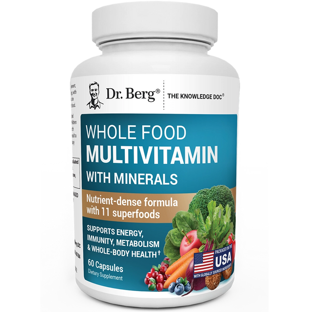 Whole Food Multivitamin with Minerals, 60 capsules, front view, bottle with Dr. Berg branding, vegetables and fruits on the cover.