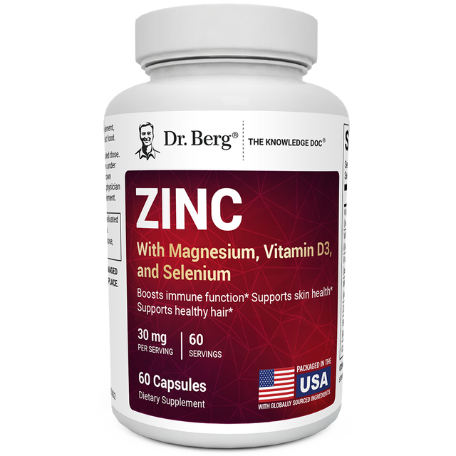 Zinc with Magnesium, Vitamin D3, and Selenium, 60 capsules, front view, Dr. Berg branding, packaged in the USA.