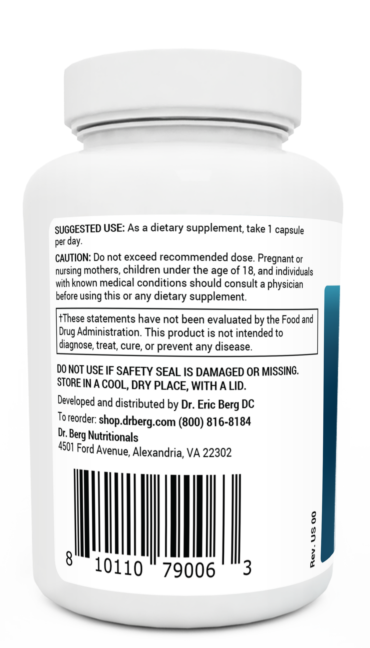 Adrenal and Cortisol Support bottle label, left side view, suggested use instructions, safety warning details.